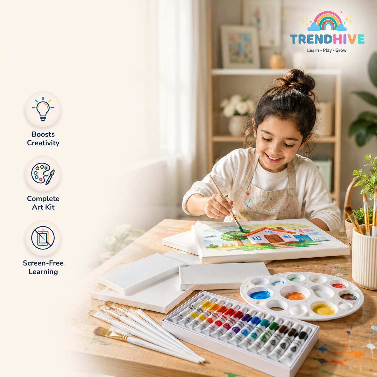 Premium Art Combo Set for Kids & Beginners | 5 Canvas Boards, Acrylic Paints, Brushes & Palette