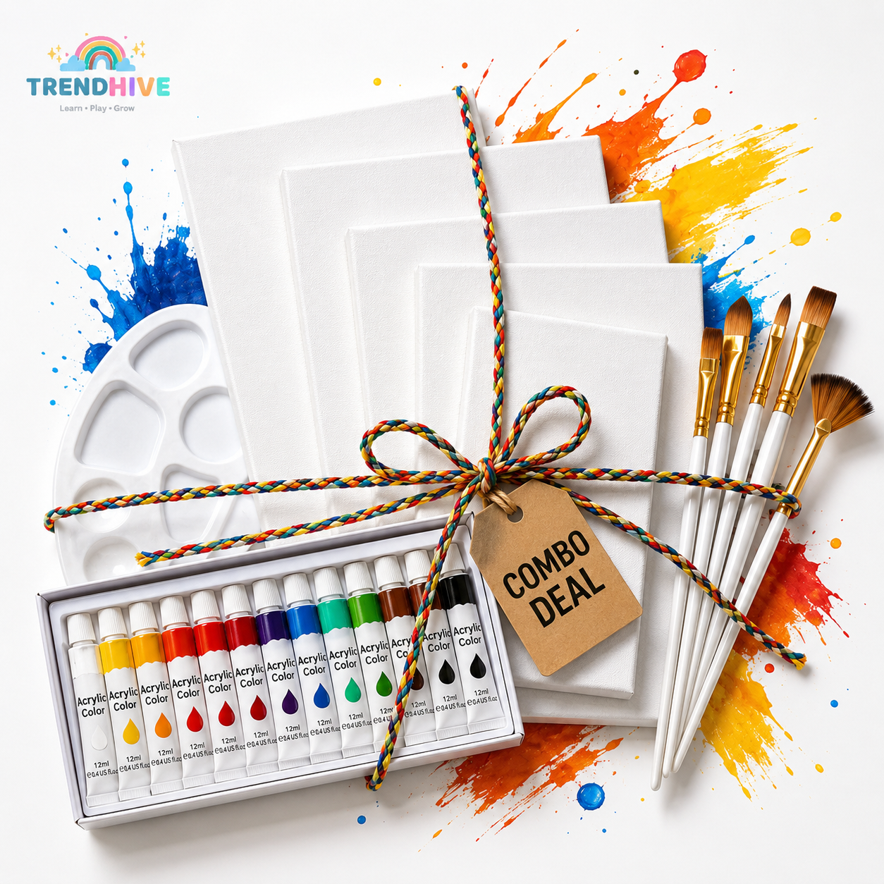 Premium Art Combo Set for Kids & Beginners | 5 Canvas Boards, Acrylic Paints, Brushes & Palette