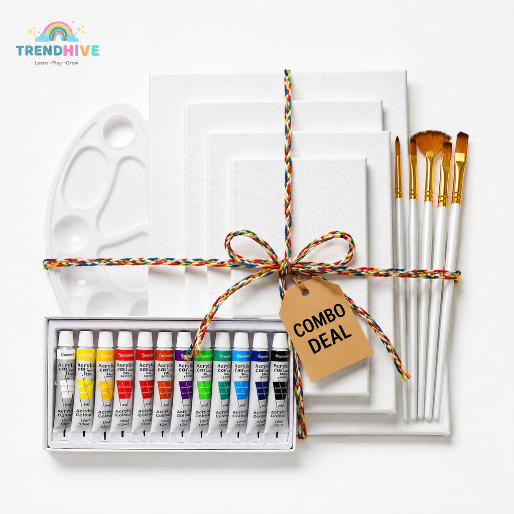 Premium Art Combo Set for Kids & Beginners | 5 Canvas Boards, Acrylic Paints, Brushes & Palette