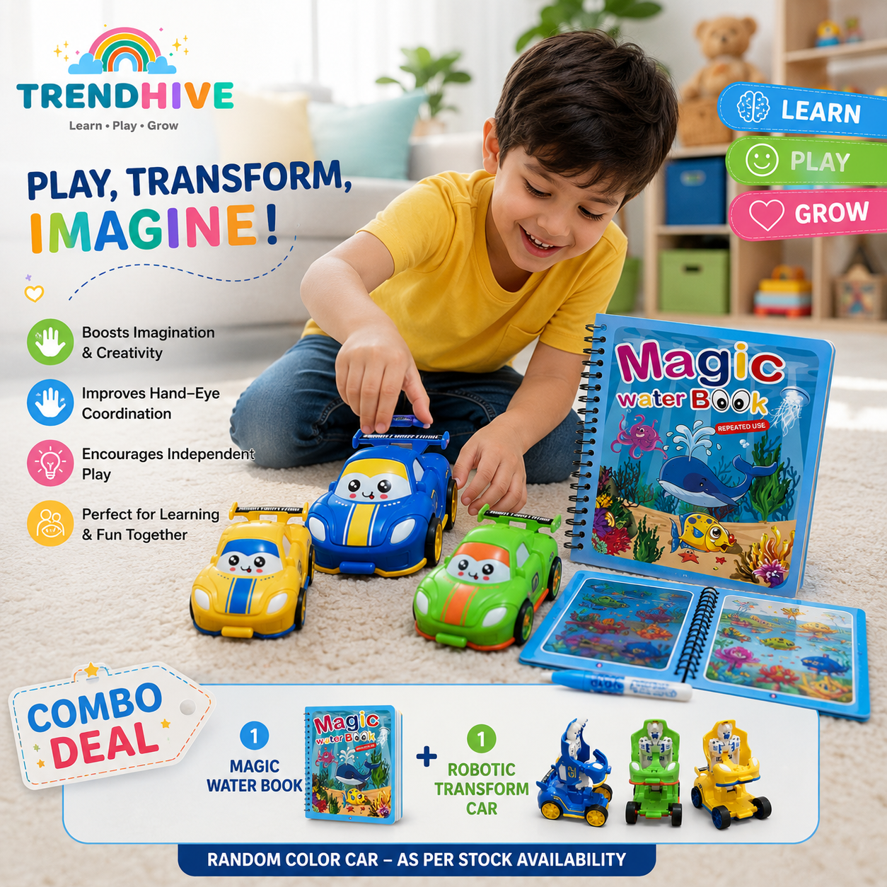 Magic Water Book & Robotic Transform Car Combo