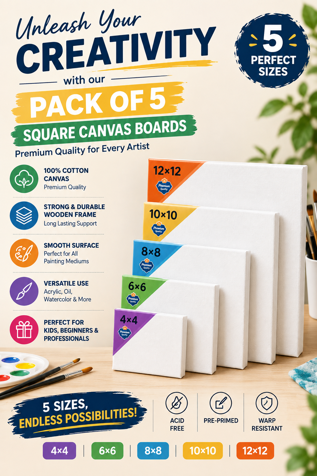 Premium Canvas Boards Pack of 5 – 4×4 to 12×12