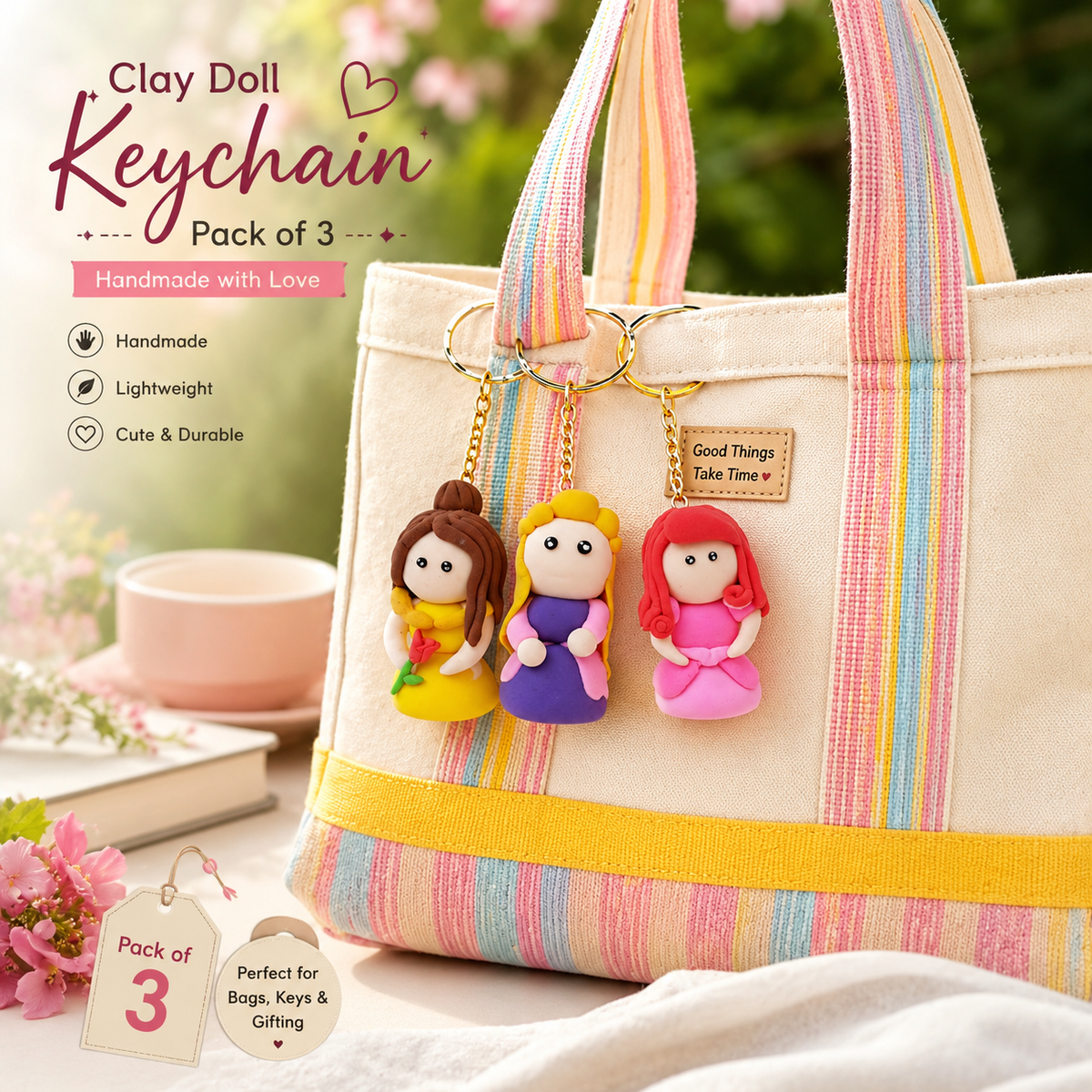 Handmade Clay Doll Keychain Set of 3 | Cute Character Keychains