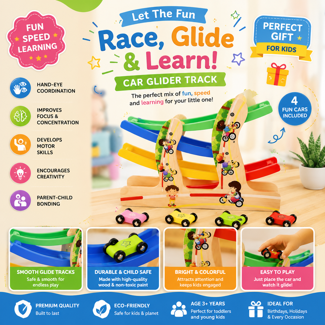 Wooden Car Glider Track Toy for Kids