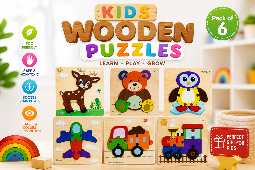 Pack of 6 Wooden Puzzle Set for Kids | Animals, Vehicles & Transport Learning Puzzles