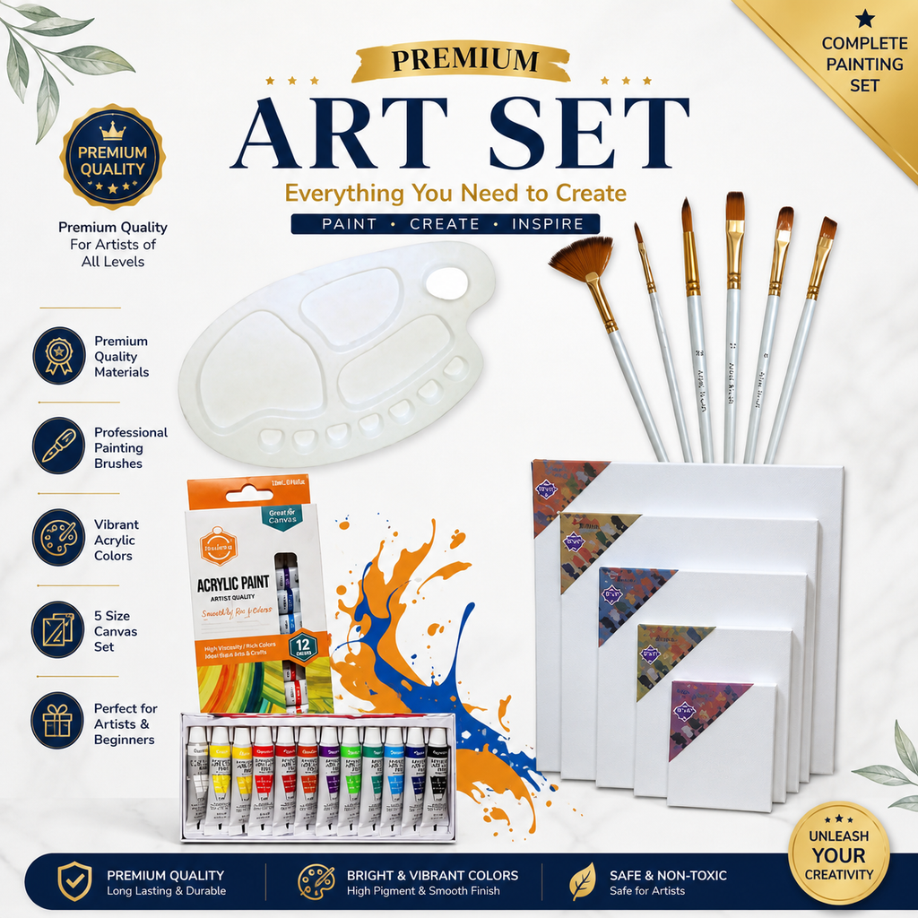 Premium Art Combo Set for Kids & Beginners | 5 Canvas Boards, Acrylic Paints, Brushes & Palette