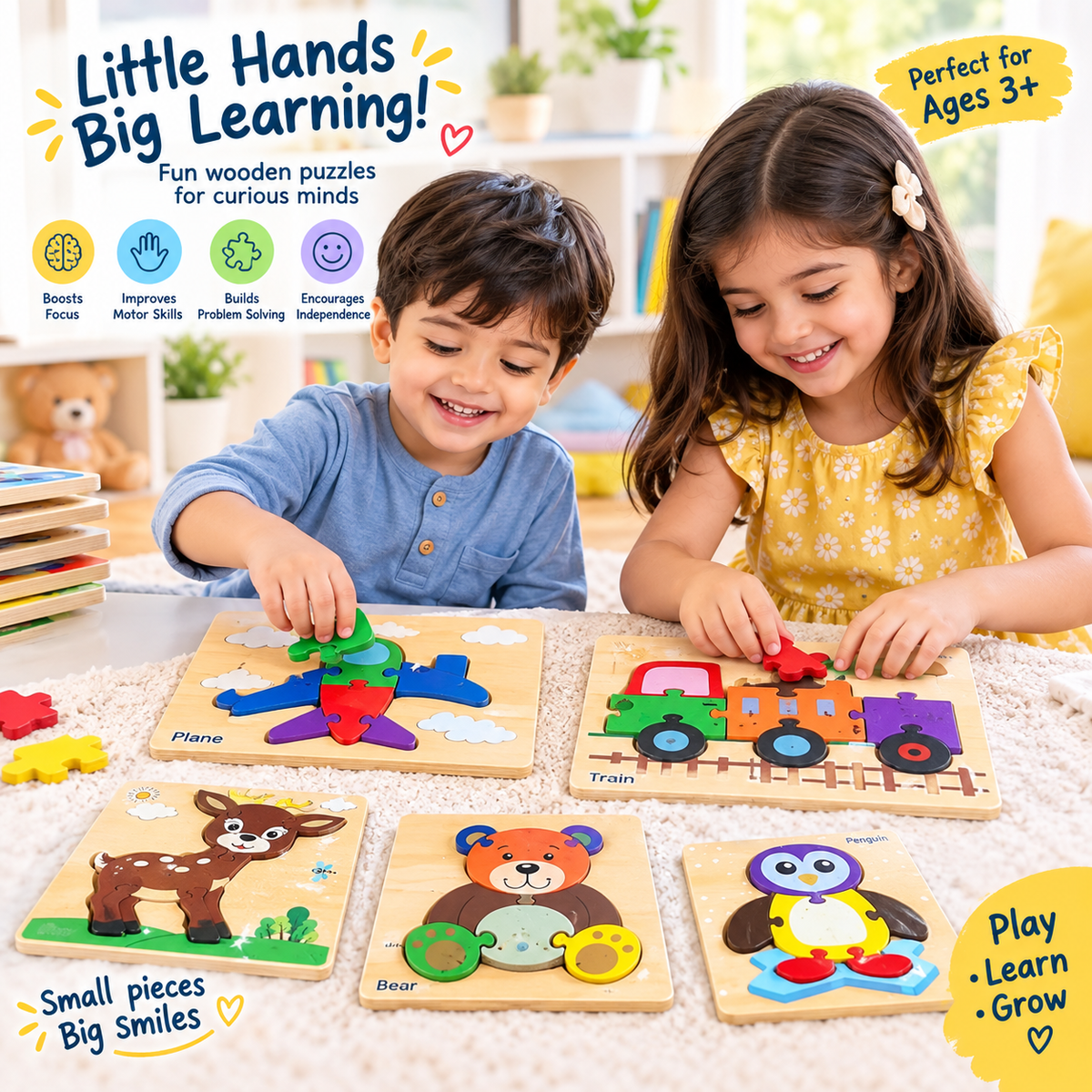 Pack of 6 Wooden Puzzle Set for Kids | Animals, Vehicles & Transport Learning Puzzles