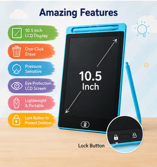 10.5 Inch LCD Writing Tablet for Kids | Reusable Drawing & Writing Board