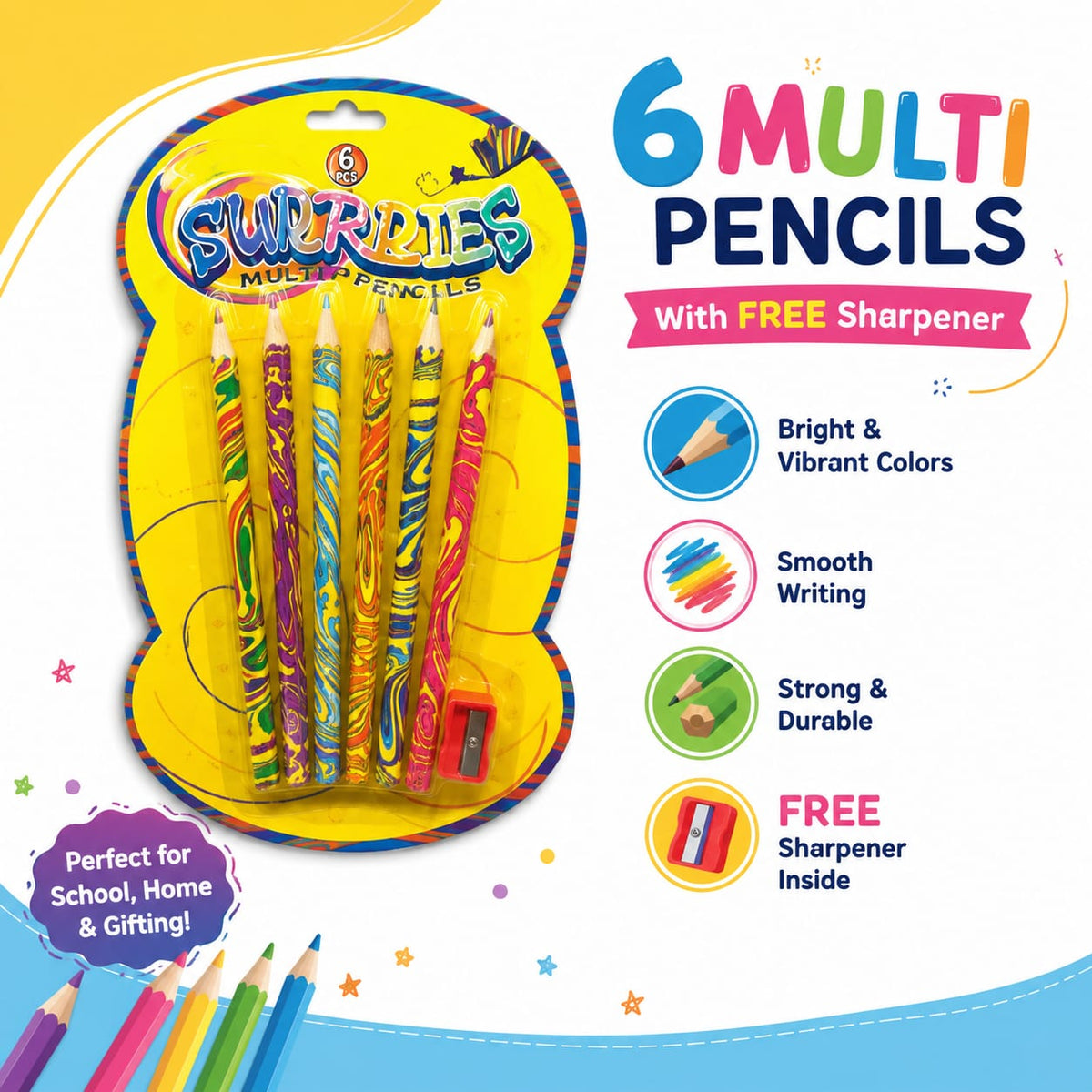 Multicolored Pencils 6 in 1 Pack with Free Sharpener | Kids Coloring & Drawing Set