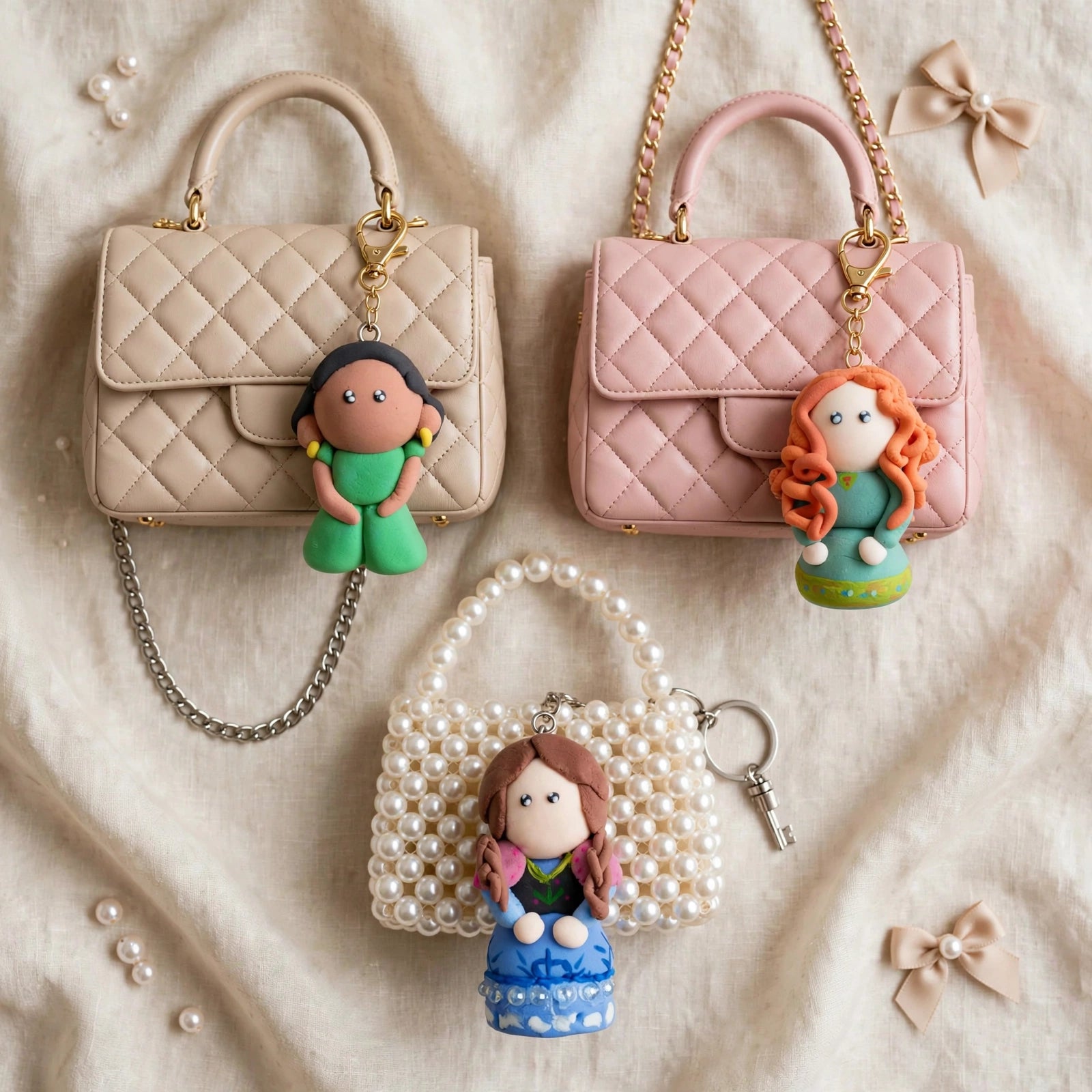 Handmade Clay Doll Keychain Set of 3 | Cute Character Keychains