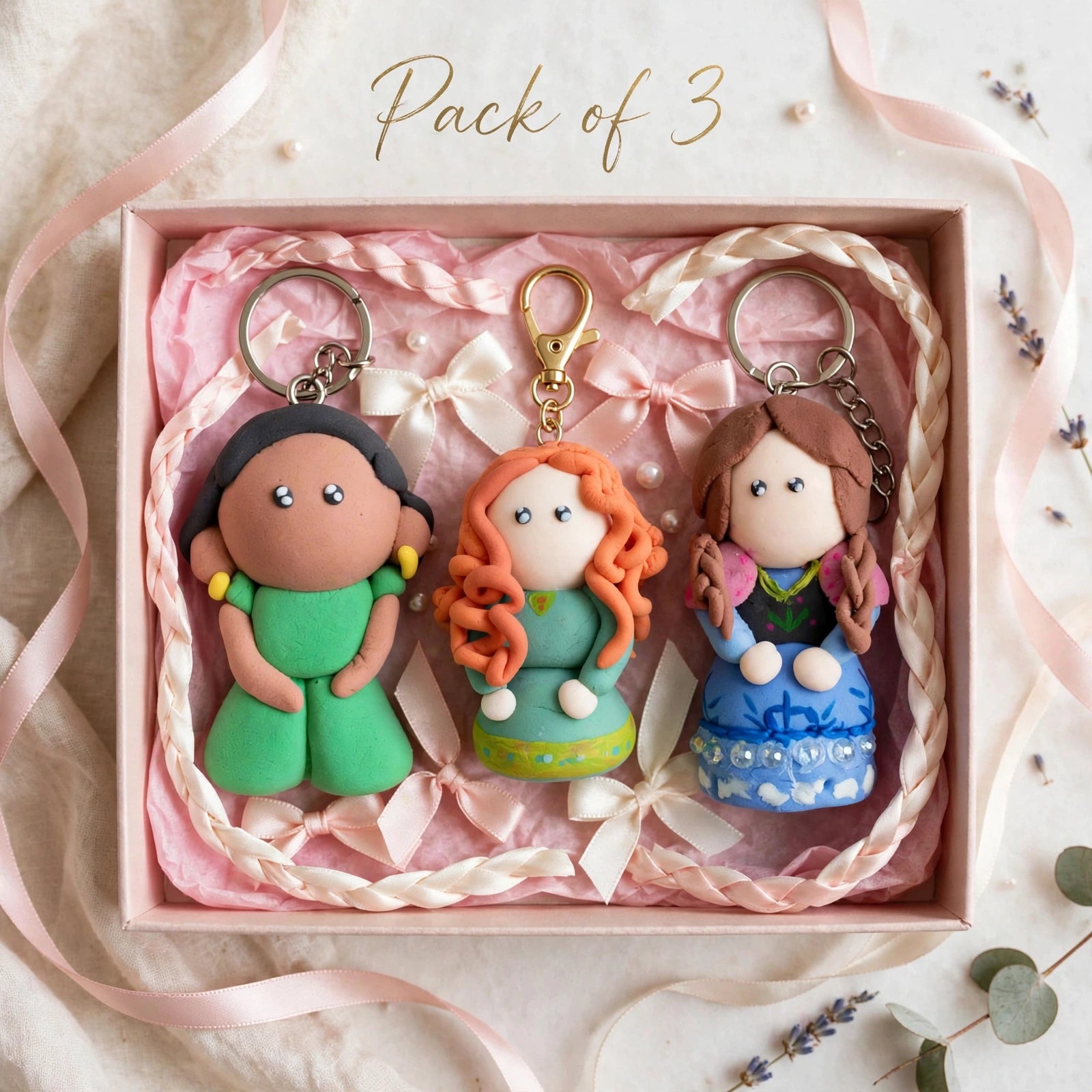 Handmade Clay Doll Keychain Set of 3 | Cute Character Keychains