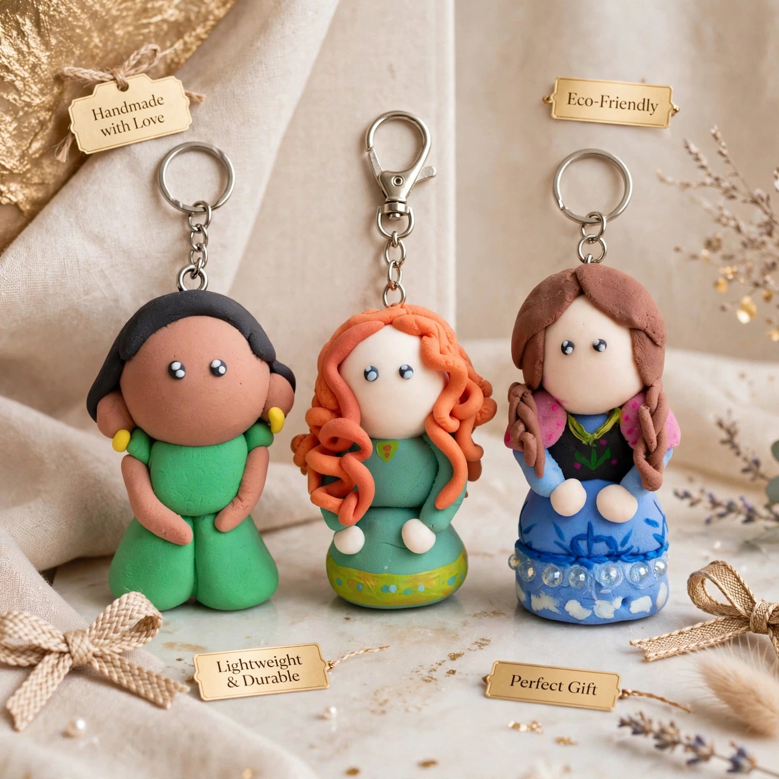 Handmade Clay Doll Keychain Set of 3 | Cute Character Keychains