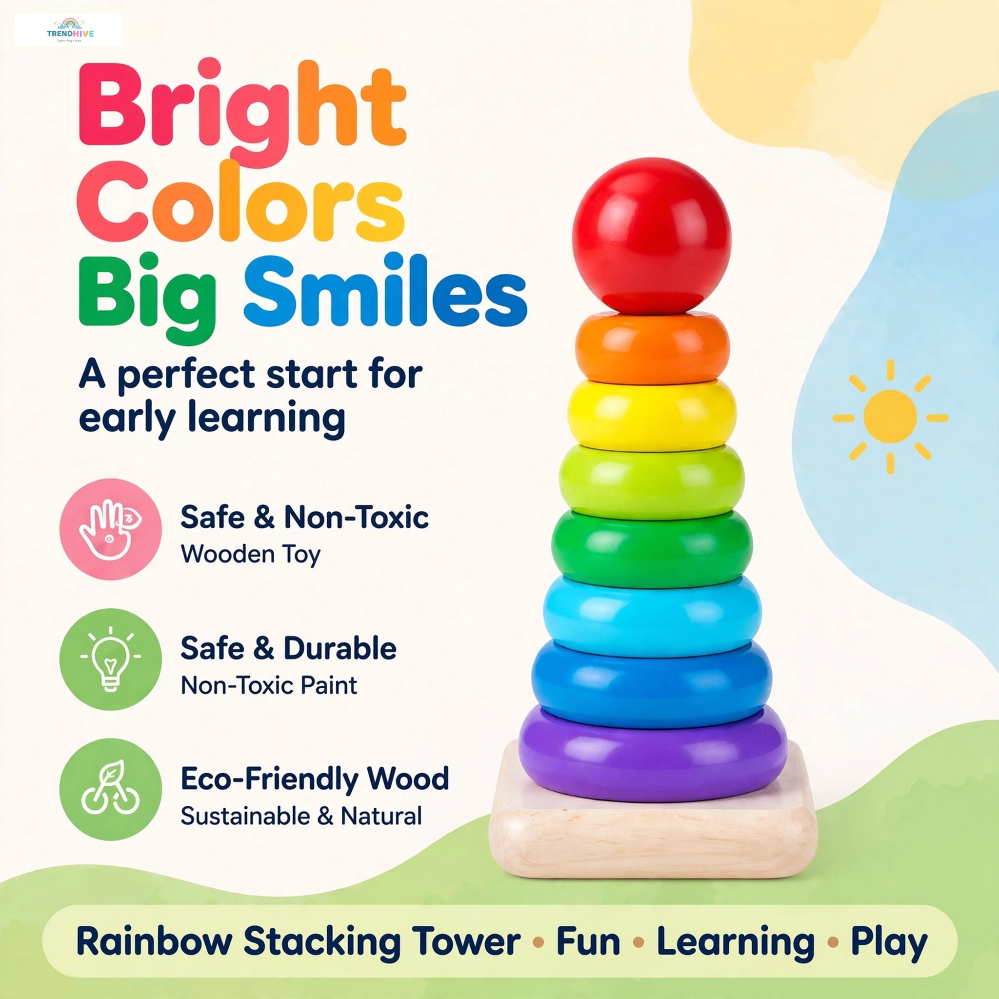 Rainbow Wooden Stacking Tower – Montessori Learning Toy for Kids | Color Sorting & Shape Puzzle