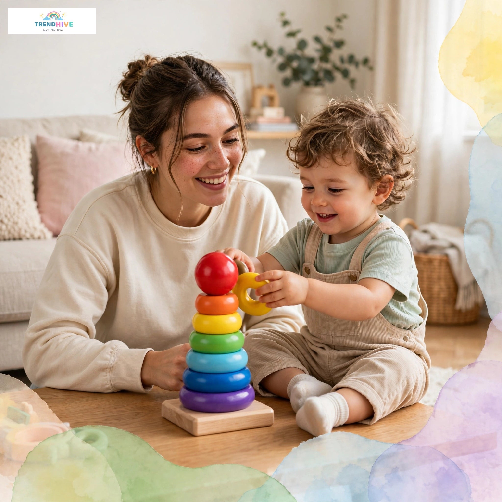 Rainbow Wooden Stacking Tower – Montessori Learning Toy for Kids | Color Sorting & Shape Puzzle
