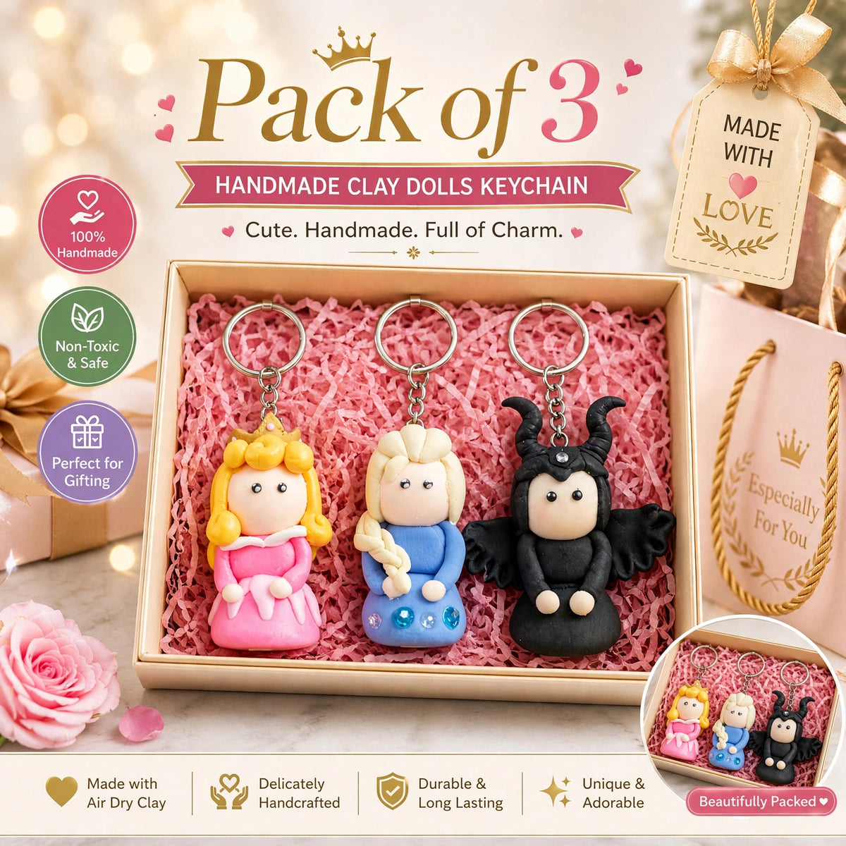 Handmade Clay Doll Keychain Set of 3 | Cute Character Keychains