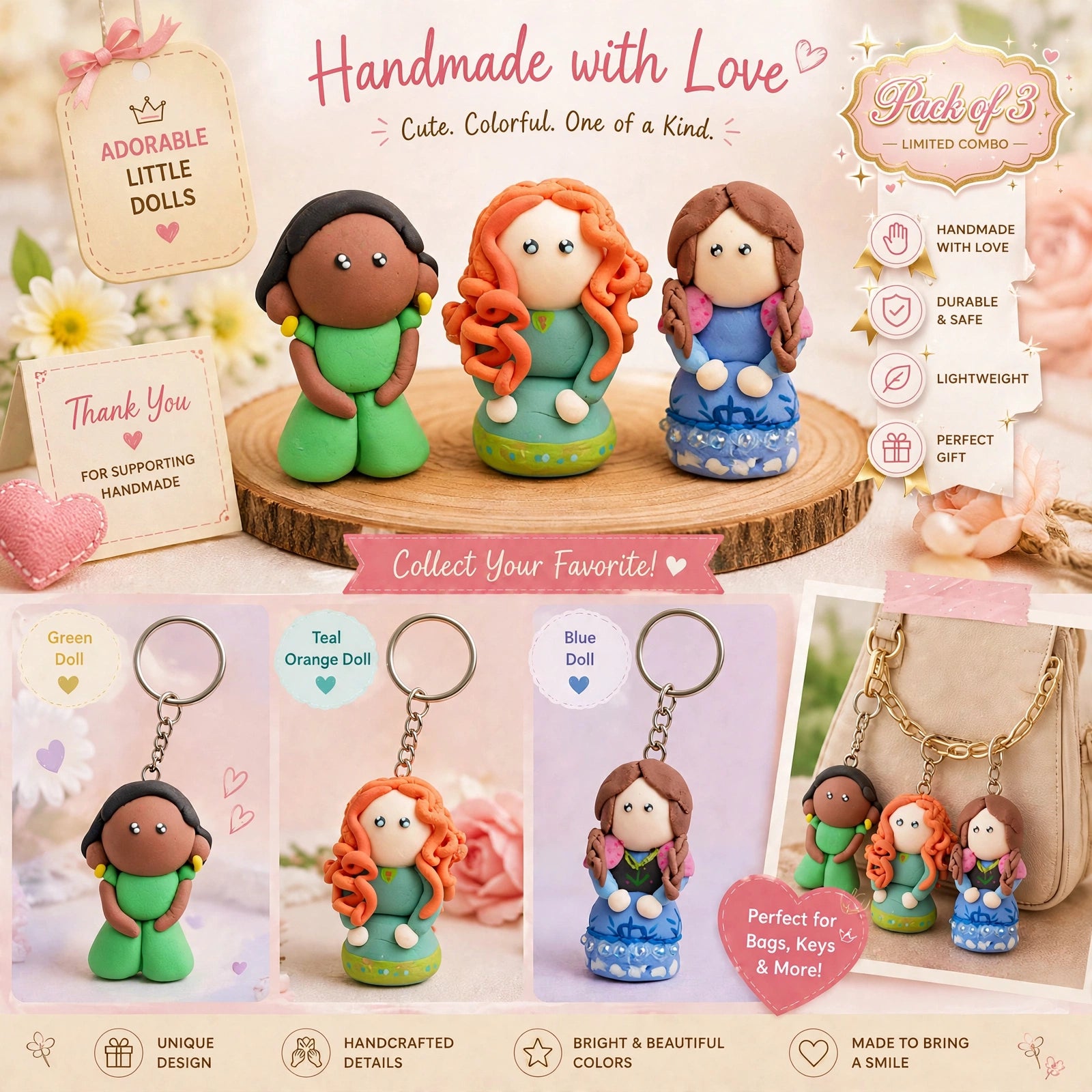 Handmade Clay Doll Keychain Set of 3 | Cute Character Keychains