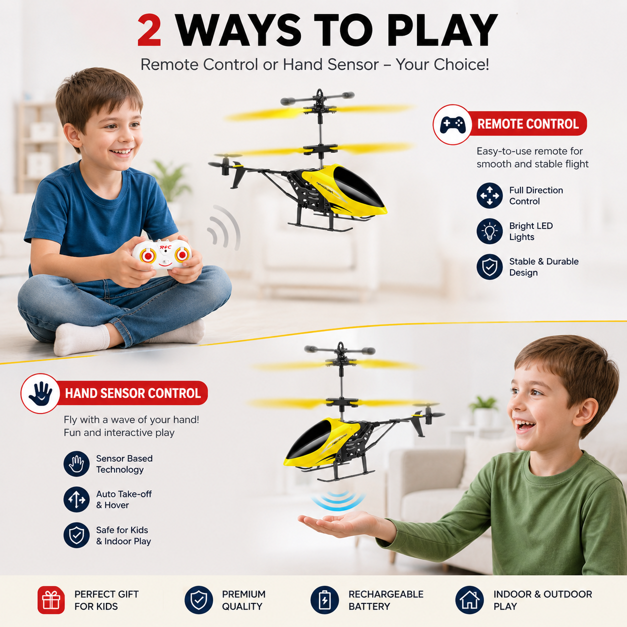 2-in-1 RC & Hand Sensor Helicopter for Kids | Outdoor Flying Toy