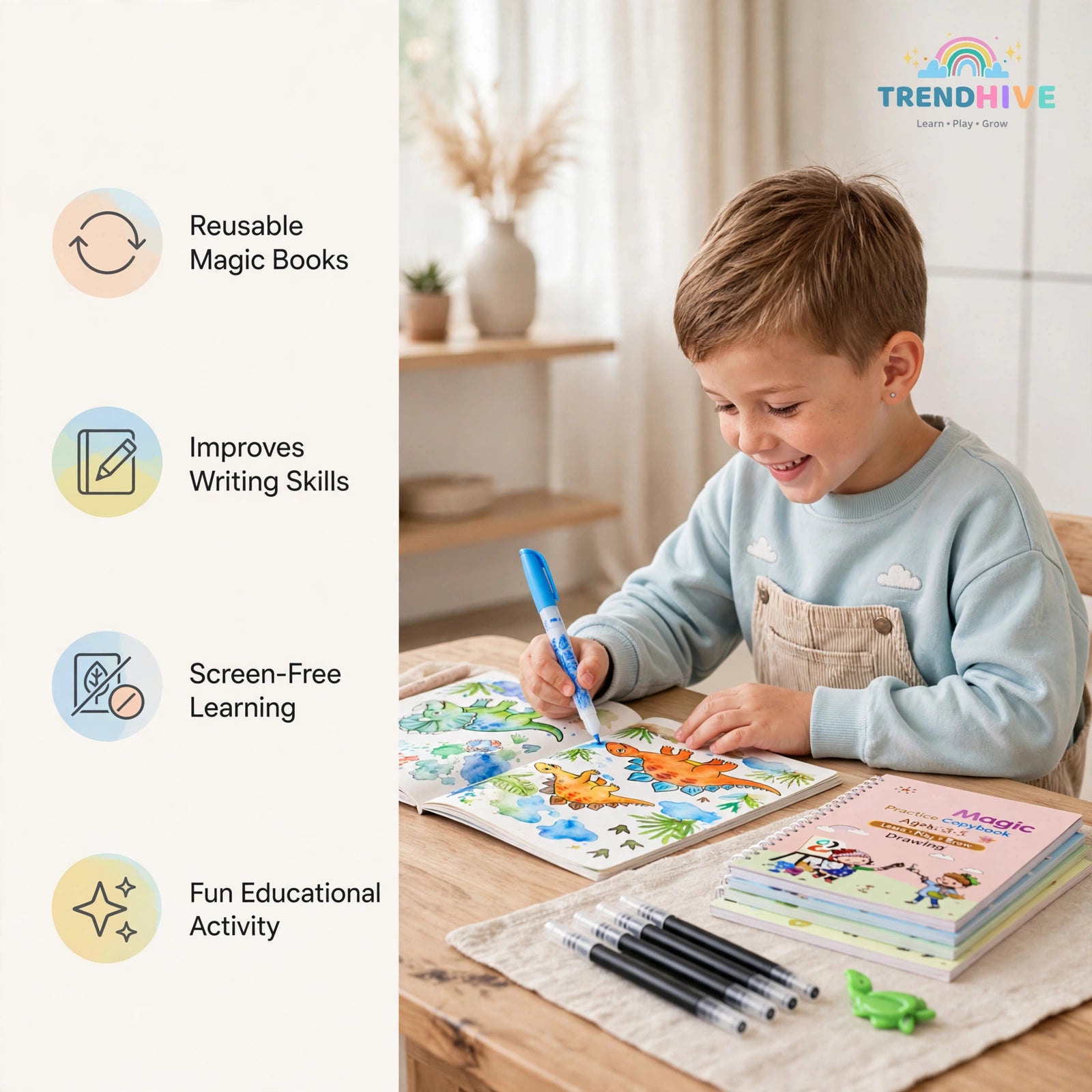 Magic Water Coloring Book & 4 Practice Books Combo