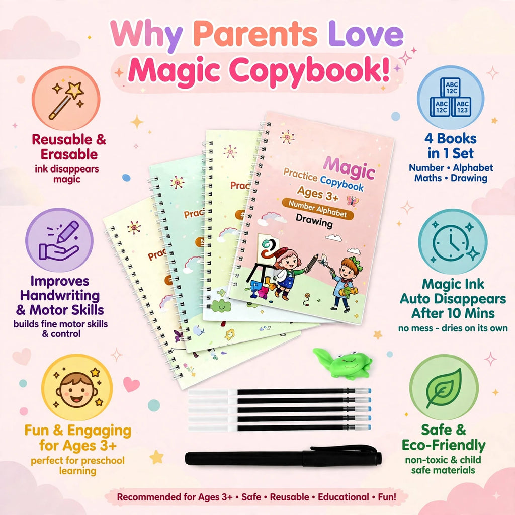 Magic Practice Copybook Set of 4 | Writing, Drawing, Math & Numbers Practice Books for Kids
