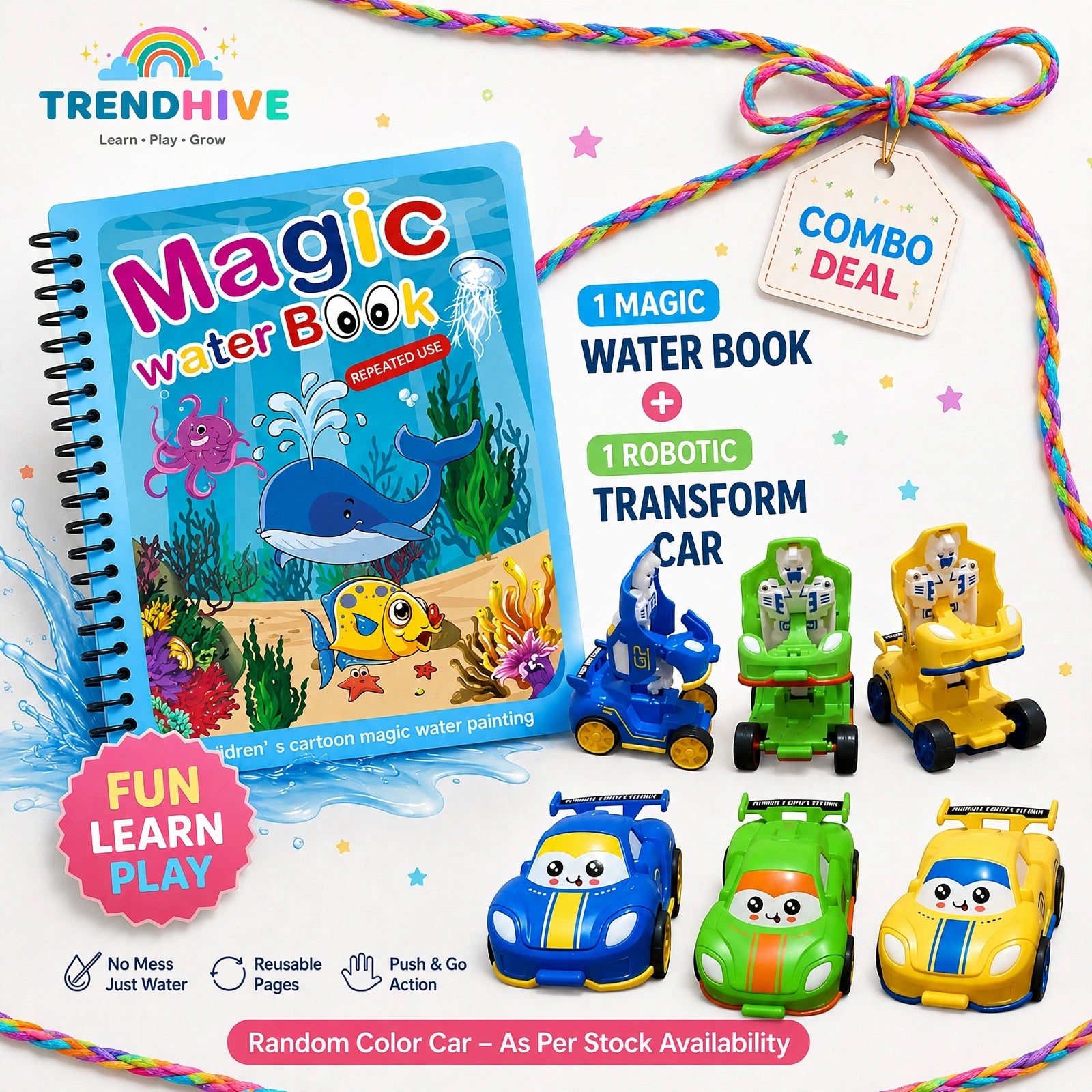Magic Water Book & Robotic Transform Car Combo