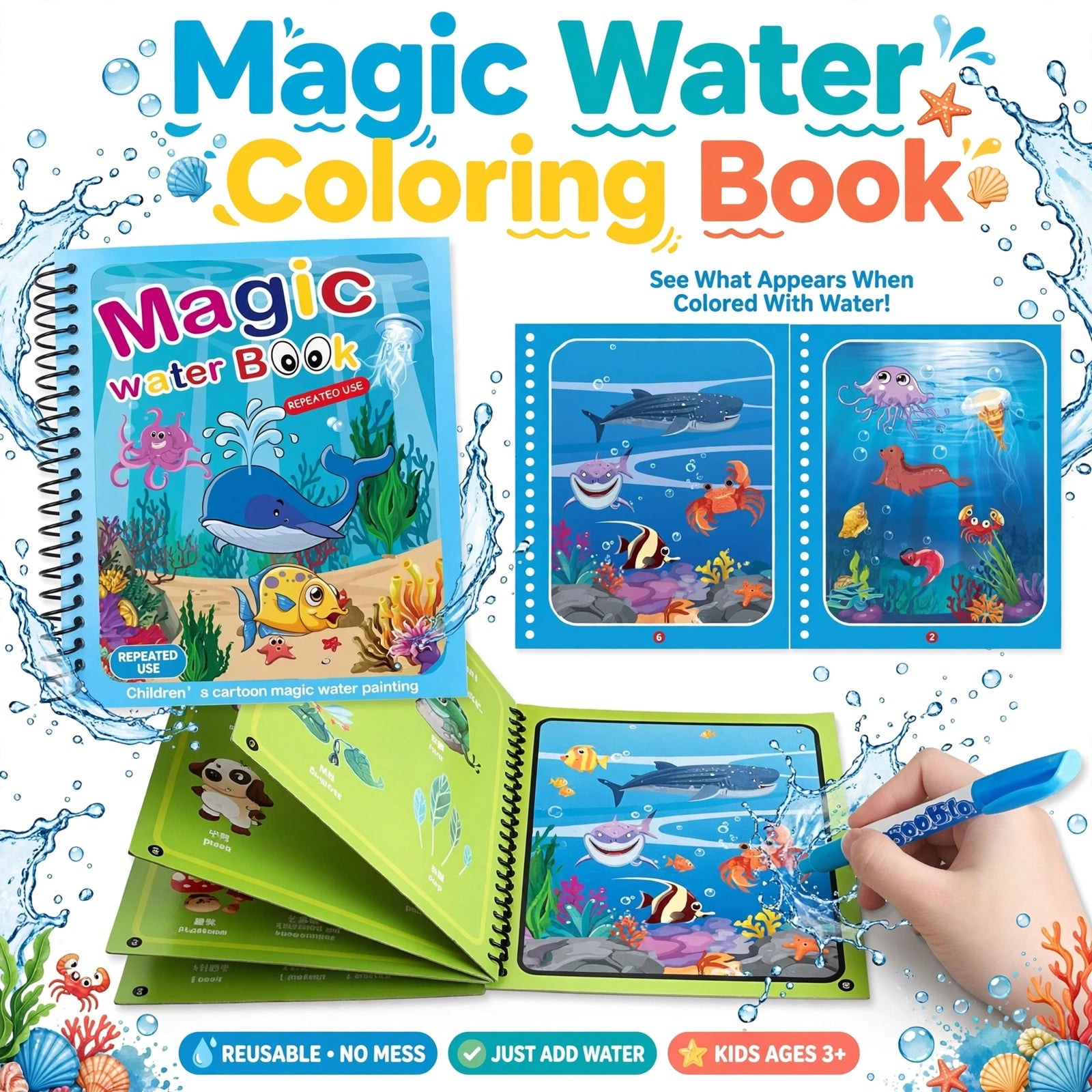 Magic Water Coloring Book for Kids | Reusable Mess-Free Painting Book