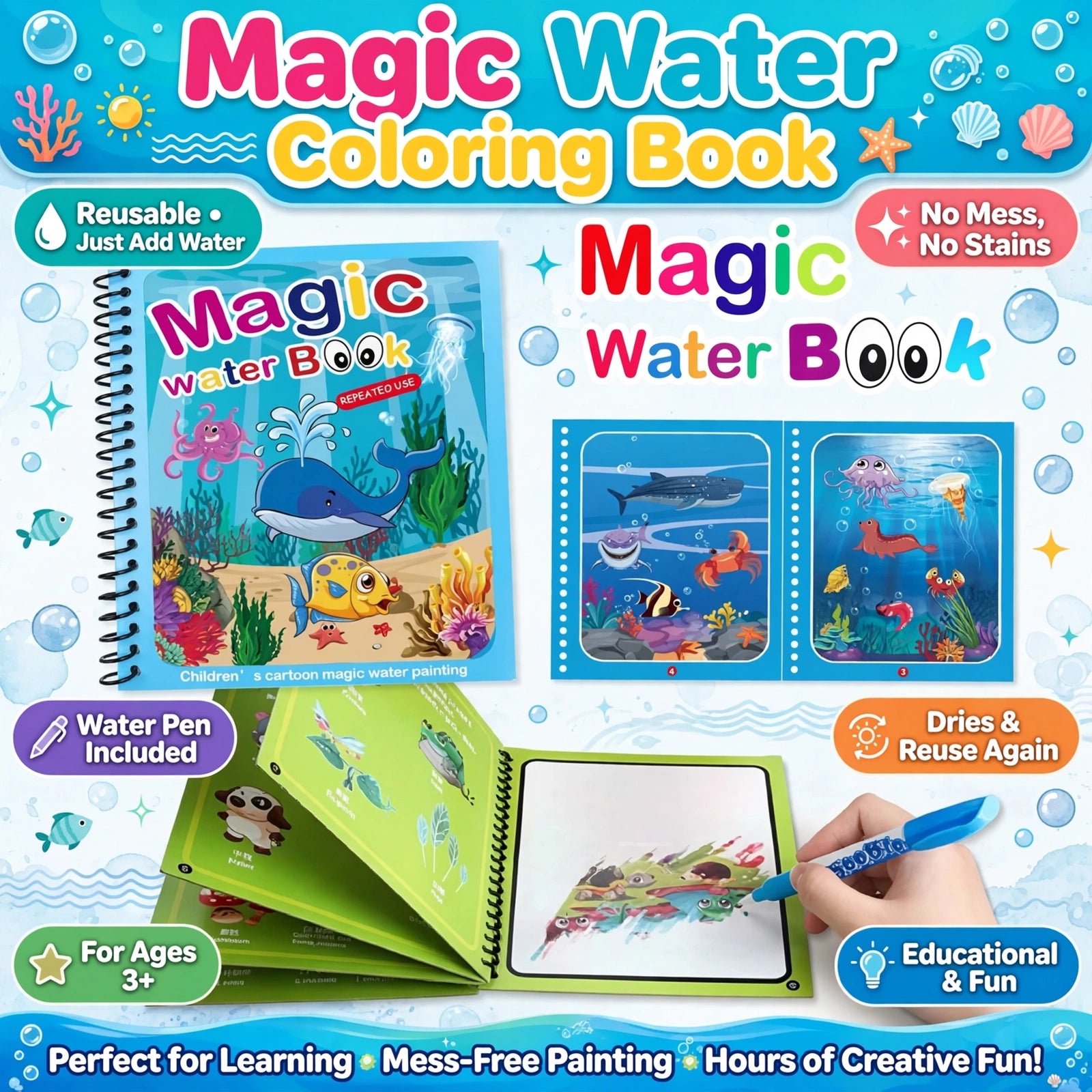Magic Water Coloring Book for Kids | Reusable Mess-Free Painting Book