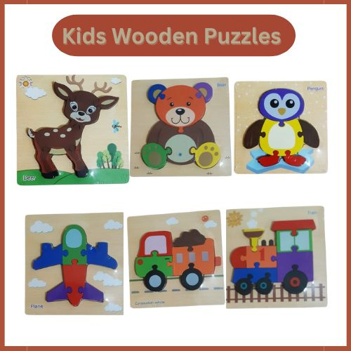 Pack of 6 Wooden Puzzle Set for Kids | Animals, Vehicles & Transport Learning Puzzles