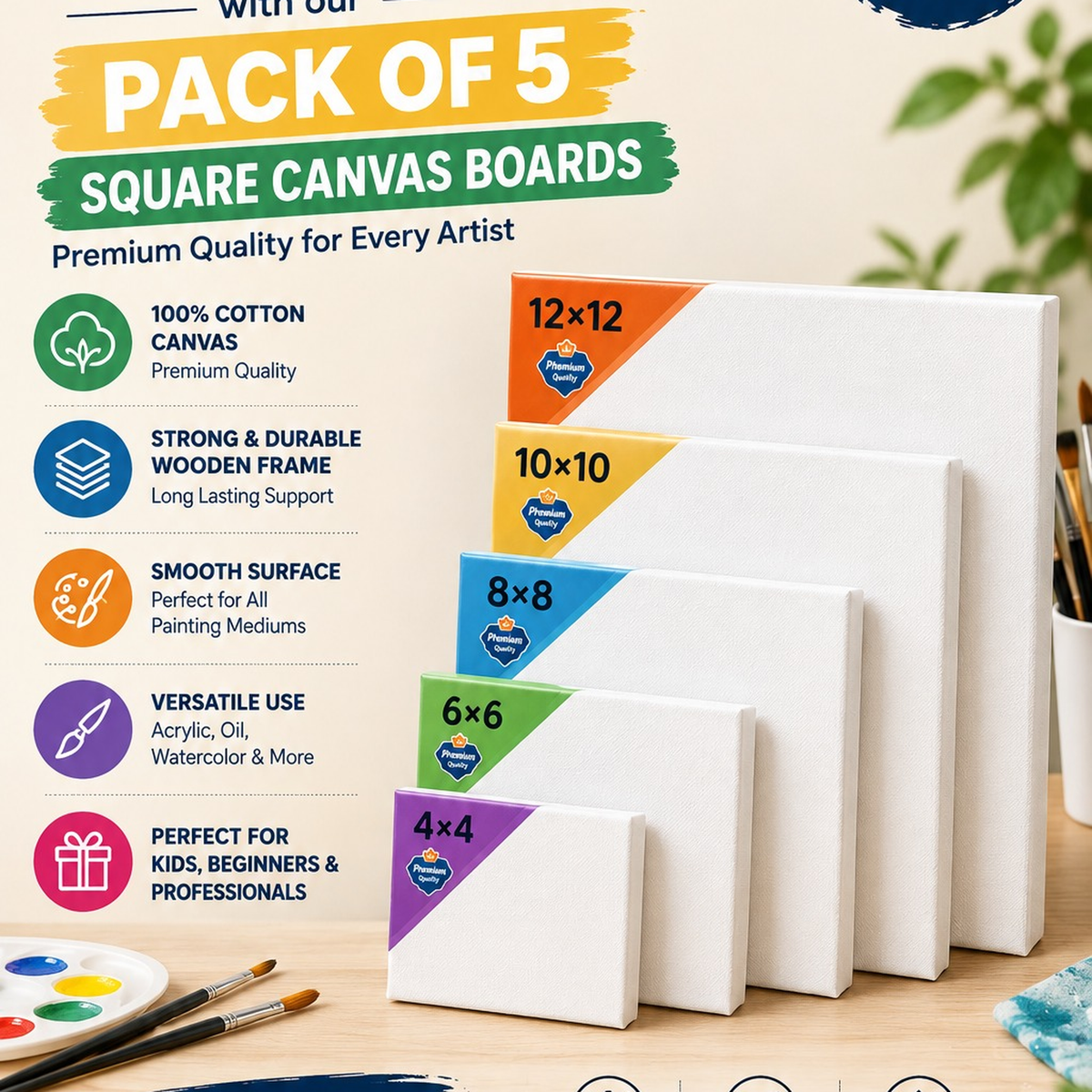 Premium Canvas Boards Pack of 5 – 4×4 to 12×12