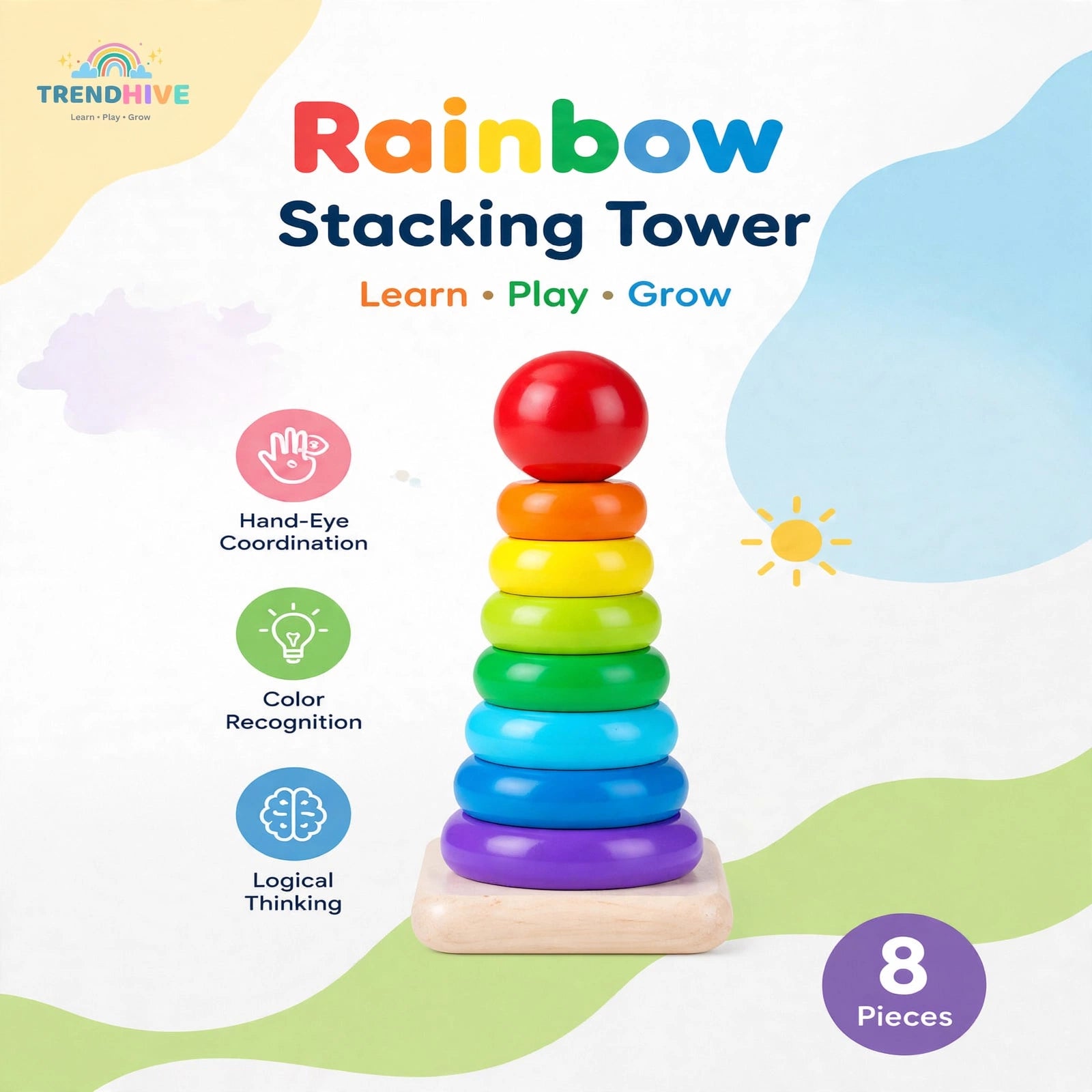 Rainbow Wooden Stacking Tower – Montessori Learning Toy for Kids | Color Sorting & Shape Puzzle