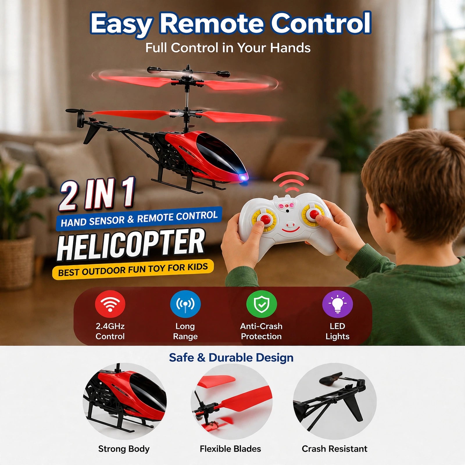 2-in-1 RC & Hand Sensor Helicopter for Kids | Outdoor Flying Toy