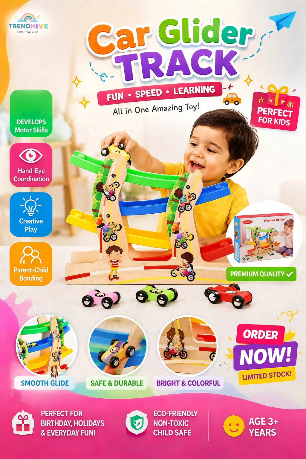 Wooden Car Glider Track Toy for Kids