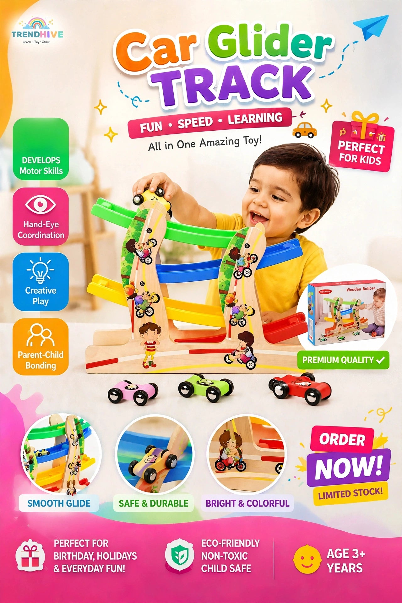 Wooden Car Glider Track Toy for Kids