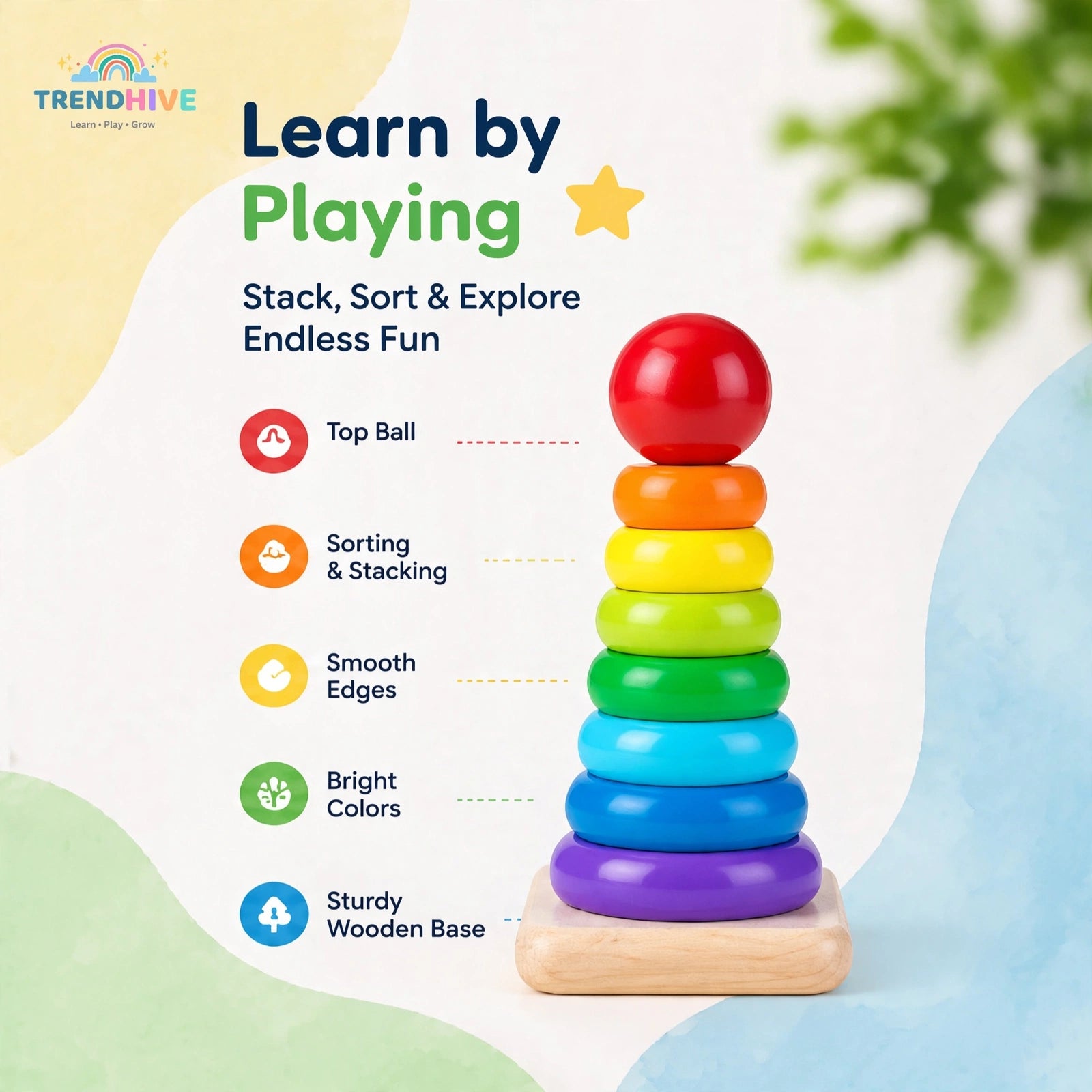 Rainbow Wooden Stacking Tower – Montessori Learning Toy for Kids | Color Sorting & Shape Puzzle
